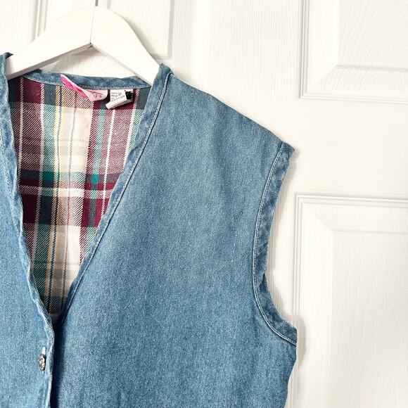 Metro Express Vintage Denim Chambray Red Plaid Flannel Back Button Vest L 14/16 - Picture 4 of 12